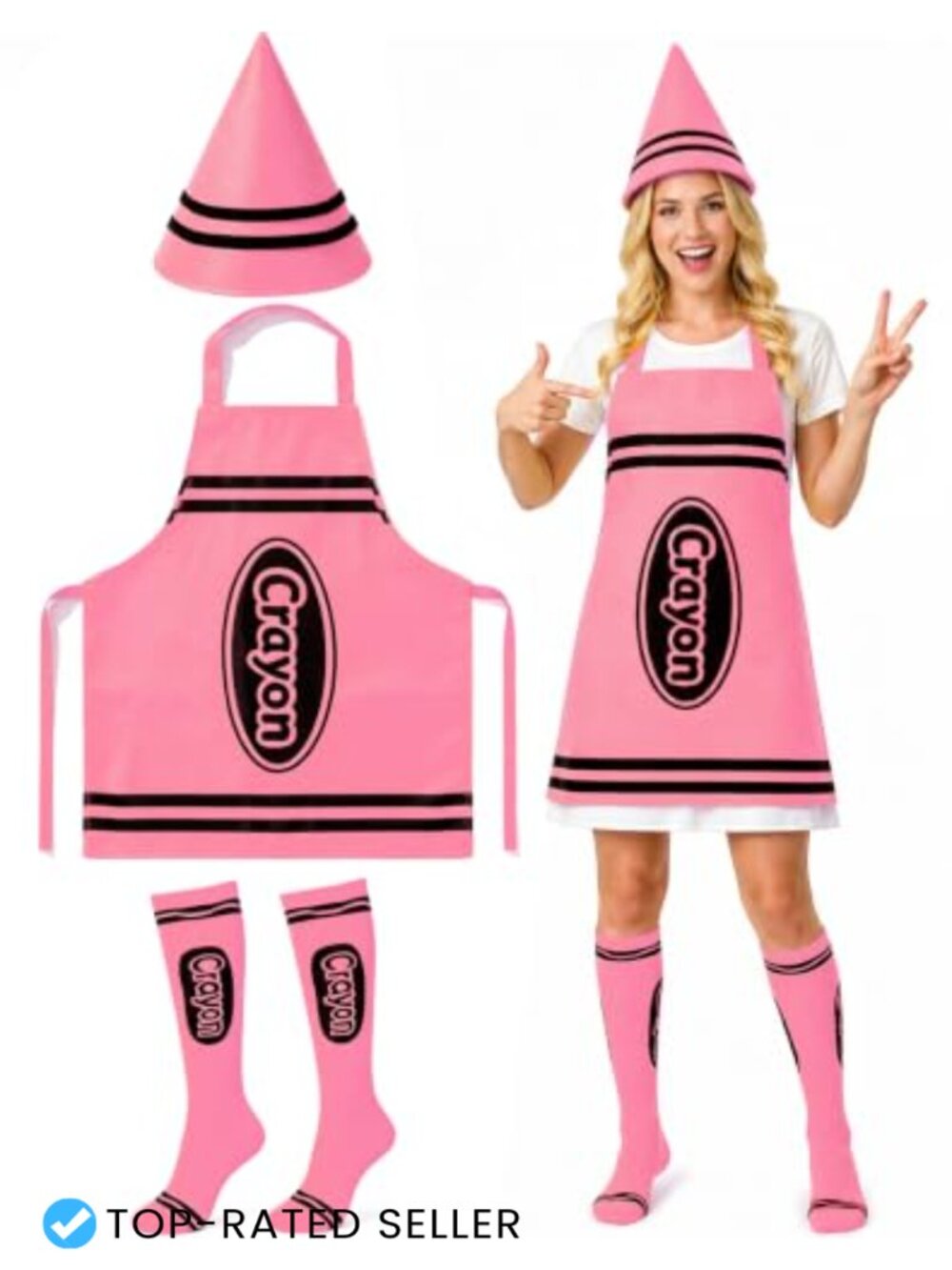 Crayon Costume 3-Piece Apron Cone Hat Socks Adult Halloween Accessory Set